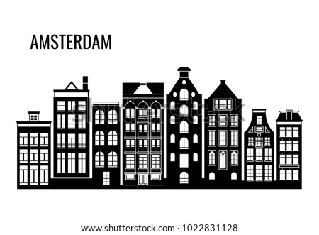 Row of old typical amsterdam houses vector silhouettes. Illustration of building amsterdam facade, architecture cityscape