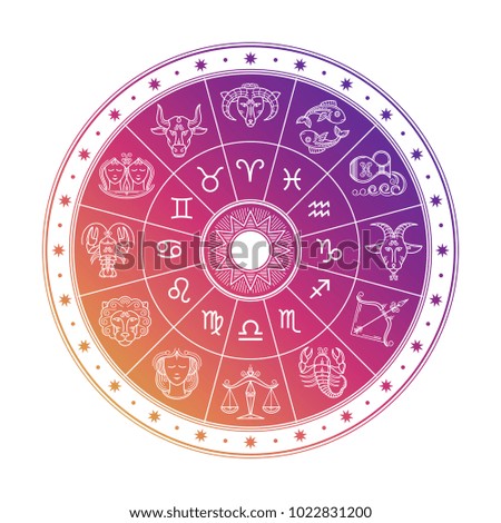 Colorful astrology circle design with horoscope signs isolated on white background. Vector zodiac horoscope astrological illustration Royalty-Free Stock Photo #1022831200