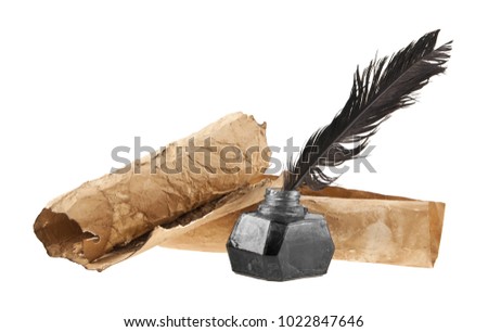 old paper, inkwell and pen isolated on white background