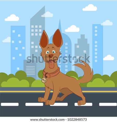 Vector illustration of brown dog direct ears on the street