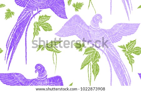 Parrots with tropical leaves seamless background pattern. Vector illustration hand drawn. Embroidery design.