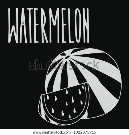 Isolate ripe watermelon fruit as chalk on blackboard. Close up clipart in chalkboard style. Hand drawn icon. Raster version of illustration