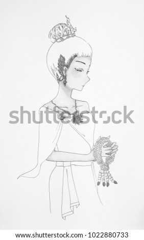 Continuous line Drawing Thai  Girl Ancient Style Black and White on White Background.