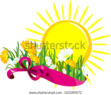 chamomile and leaves the grass and flowers with the sun ribbon tied with a bow of red