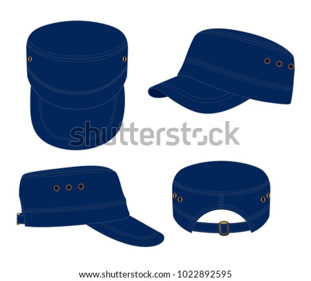 Navy Blue Military Cadet Cap With Bronze Eyelets And Buckle Strap Back Template On White Background.