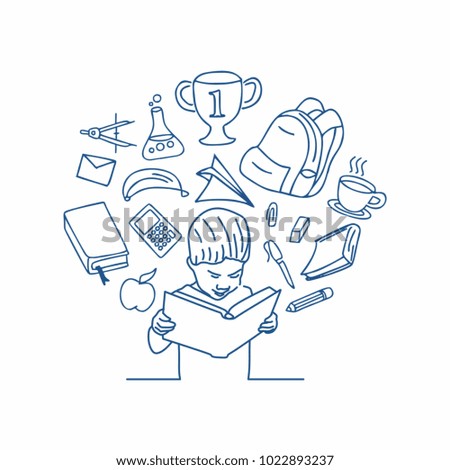Children read book with doodle study tools. Line art creative education vector illustration.