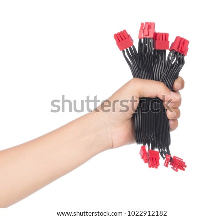 hand holding power cable 30cm dual PSU power supply 8 pin isolated on a white background