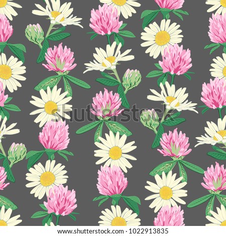 Floral seamless pattern with red clover and camomile. Cute pink flowers. Summer concept. Design element for textile, fabrics, scrapbooking, wallpaper and etc. Vector illustration.