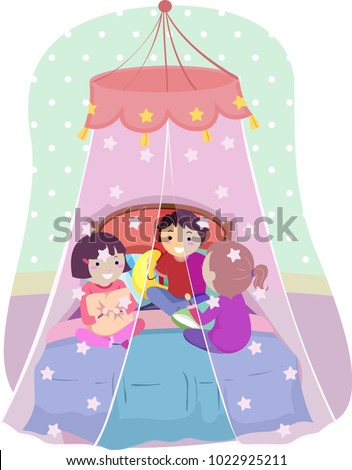 Illustration of Stickman Kids Inside a Net Canopy Over a Bed Talking to Each Other