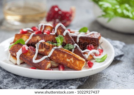 Crispy Halloumi cheese sticks Fries with yogurt sauce, pomegranate seeds and mint leaves