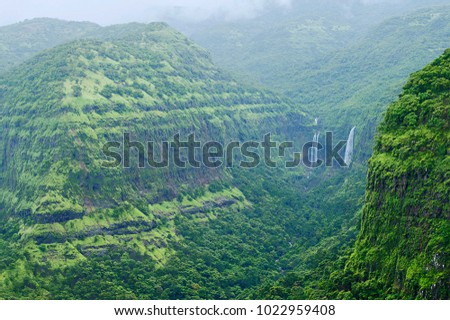 Mountains with waterfalls in Varandha ghat, Pune