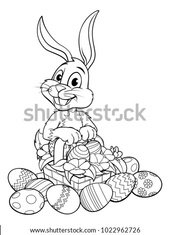 An Easter bunny rabbit with a basket of Easter eggs on a hunt