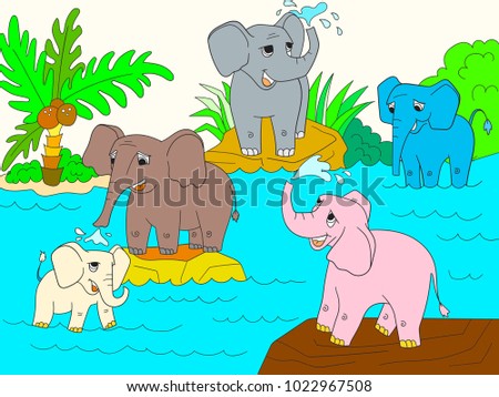 Family of African elephants color book for children cartoon vector illustration.