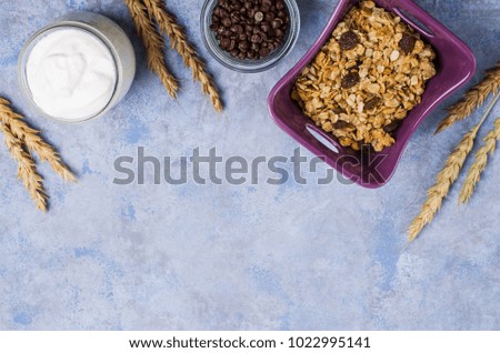 Traditional granola with raisins and nuts in a bowl on the table. Selective focus.