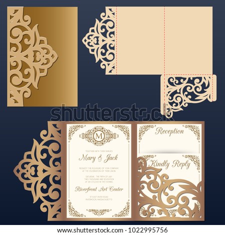 Die laser cut wedding card vector template. Tri fold pocket envelope.Wedding lace invitation mockup.