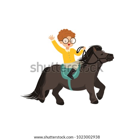 Cheerful redhead little boy riding pony horse, childrens equestrian sport vector Illustration