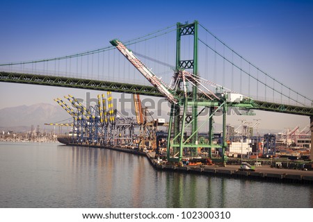 Busy San Pedro Ship Yard and Bridge.