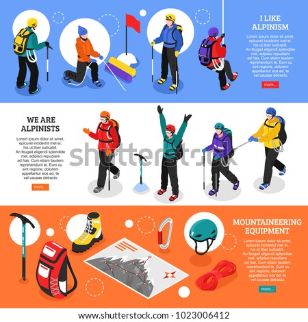 Alpinists isometric banners with mountaineering equipment and climbers in winter uniform used for expedition 3d vector illustration 