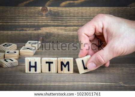 html. Wooden letters on the office desk, informative and communication background
