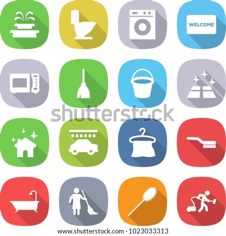 flat vector icon set - fountain vector, toilet, washing machine, welcome mat, microwave oven, broom, bucket, clean floor, house cleaning, car wash, hanger, brush, bath, brooming, duster