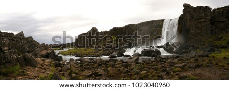 Oxararfoss waterfall in Thingvellir National Park, southwestern Iceland. It is part of the Golden Circle route.

Landscape photo taken in summer 2009, during a road trip.