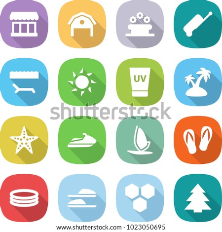 flat vector icon set - market vector, barn, flower bed, suitcase, lounger, sun, uv cream, island, starfish, jet ski, windsurfing, flip flops, inflatable pool, slippers, honeycombs, spruce