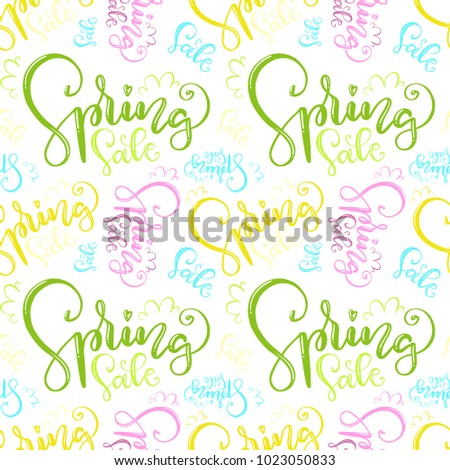 Spring sale pattern. A beautiful hand-written inscription. Celebration badge, tag, icon. Text card invitation, template. Festivity background. Lettering typography poster.