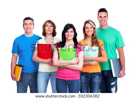 Group of smiling  students. Isolated over white background