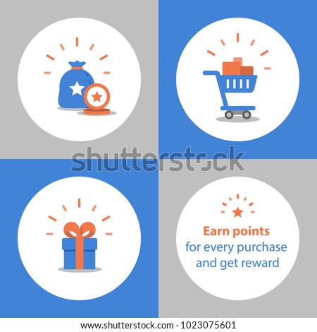 Loyalty program, earn points for purchase, reward concept, full shopping cart, redeem gift, vector icon, flat illustration Royalty-Free Stock Photo #1023075601