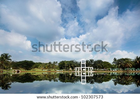 Blue skies at outdoor park with lake and reflection