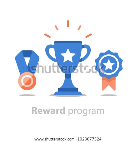 Reward program, winner cup, first place bowl, game trophy, win super prize, achievement and accomplishment concept, earn points, medal vector icon, flat illustration Royalty-Free Stock Photo #1023077524
