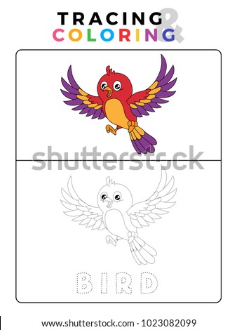 Funny Bird Tracing and Coloring Book with Example. Preschool worksheet for practicing fine motor and colors recognition skill. Vector Animal Cartoon Illustration for Children.