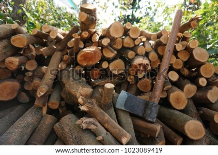 Ax and firewood are prepared for winter. Royalty-Free Stock Photo #1023089419