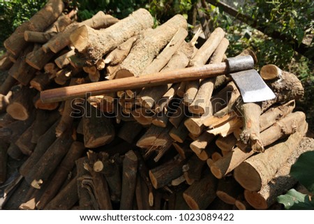 Ax and firewood are prepared for winter. Royalty-Free Stock Photo #1023089422