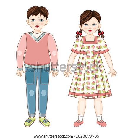 Vector flat brunette boy and girl kids friends standing smiling. Male, female characters in casual clothing - dress, jeans, pullover with happy expression. Isolated illustration, white background.