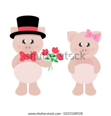 cartoon pig with tie and hat and with flowers and pig girl with bow