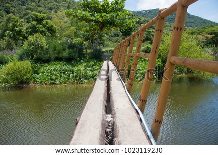 Suspension bridge, Crossing the river, ferriage in the woods Royalty-Free Stock Photo #1023119230