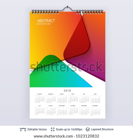 English planning calendar. Vector template January - December, week starts on Sunday. Colorful glass composition.
