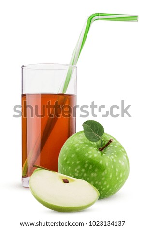 Green apples with leaf and slice. Glass of fresh apple juice straw green striped isolated on white background. Clipping Path. Full depth of field.