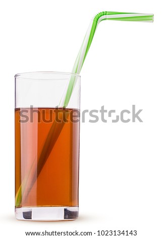 Glass of fresh apple juice with straw green striped isolated on white background. Clipping Path. Full depth of field.