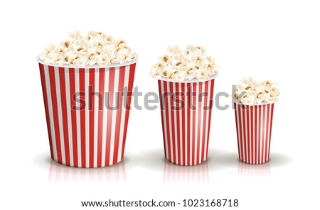 Vector set of full red-and-white striped popcorn buckets in different sizes. Realistic illustration. Big, middle, small portions of popcorn. Cardboard or paper buckets. Cinema snack or movie food.