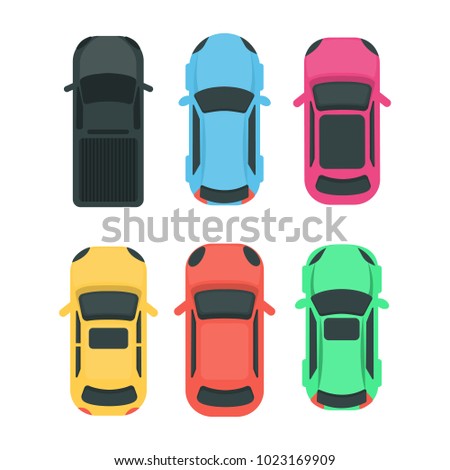 Cars top view. Colorful different vehicles on white. Royalty-Free Stock Photo #1023169909