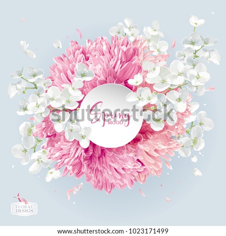 Modern floral vector  art - luxurious Chrysanthemums and Apple blossom arrangement with a round paper label in watercolor style for 8 March, wedding, Valentine's Day,  Mother's Day, sales and other ev Royalty-Free Stock Photo #1023171499