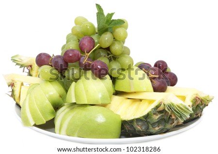 a plate of ripe juicy fruit on white background