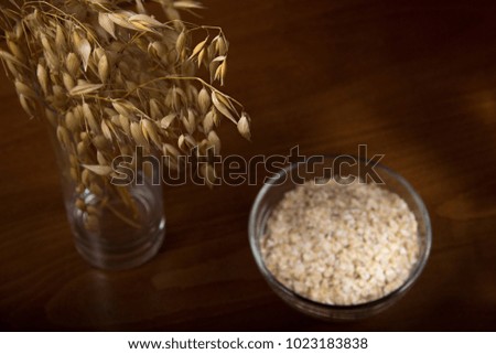 Oat ears stems and oat flakes in a bowl on a dark brown wood background. Top view. oat flakes small size grind. Copy space in top. Useful fiber-rich product. Dietary breakfast from healthy foods.