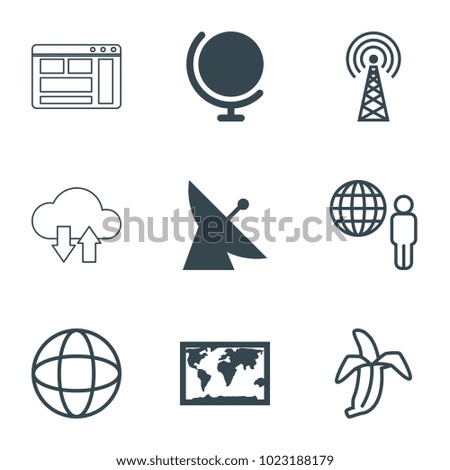 Global icons. set of 9 editable filled and outline global icons such as satellite, globe, world map, banana, globe and man, signal tower, browser window