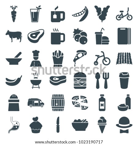 Food icons. set of 36 editable filled food icons such as bowl, beef, currant, cow, child bicycle, fork and spoon, banana, barbeque, pizza, drink, french fries, pepper