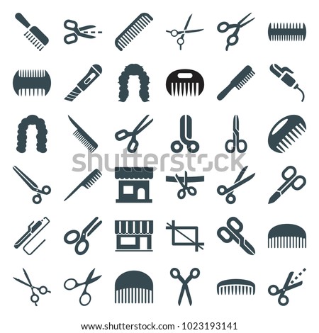 Scissors icons. set of 36 editable filled scissors icons such as comb, beauty salon, hairstyle, hair curler, crop