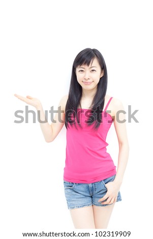 Young woman showing copy space, isolated on white background