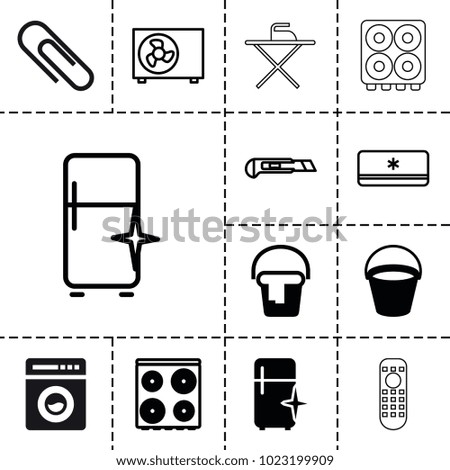 Appliance icons. set of 13 editable filled and outline appliance icons such as bucket, cooker, clean fridge, cutter, air conditioner, washing machine, ironing table